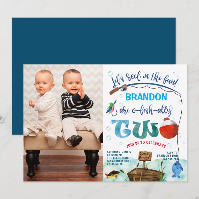 Twins boys little fisherman 2nd birthday photo invitation (Front/Back)