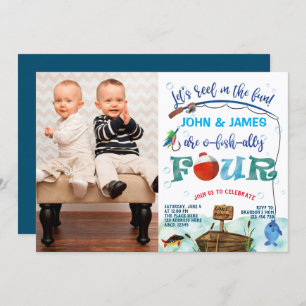 Twins boys little fisherman 4th birthday photo invitation