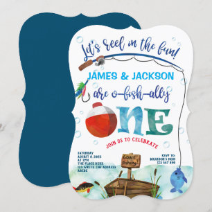 Twins boys little fisherman fishing themed 1st  invitation