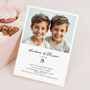 Twins Boys Minimalist Modern Birthday Party Photo Invitation