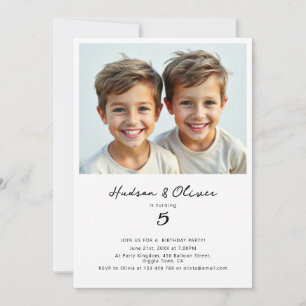 Twins Boys Minimalist Modern Birthday Party Photo Invitation