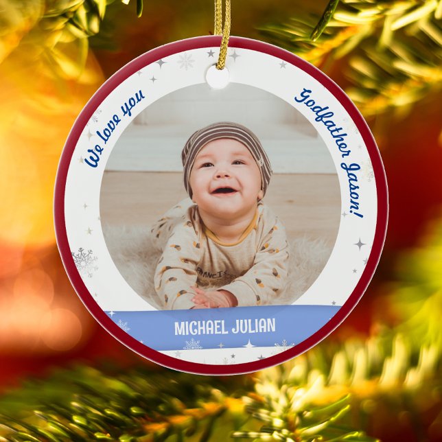Twins Boys Photos Godfather First Christmas Baby Ceramic Ornament (Cute Modern Elegant Personalized First Christmas Baby We love Godfather Twin Boys 2 Photos Snow)