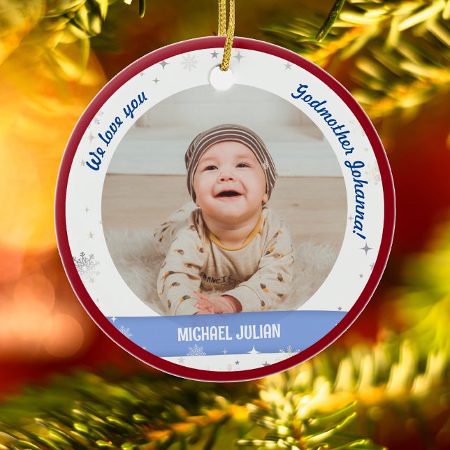 Twins Boys Photos Godmother First Christmas Baby Ceramic Ornament (Cute Modern Elegant Personalized First Christmas Baby We love Godmother Twin Boys 2 Photos Snow)