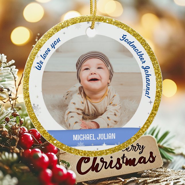 Twins Boys Photos Godmother First Christmas Baby Ceramic Ornament (Cute Modern Elegant Personalized First Christmas Baby We love Godmother Twin Boys 2 Photos Golden)