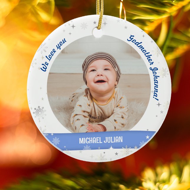 Twins Boys Photos Godmother First Christmas Baby Ceramic Ornament (Modern, Cute, Elegant We love you, Godmother! First Christmas Twin Baby Boys. 2 Photos. Snowflakes)