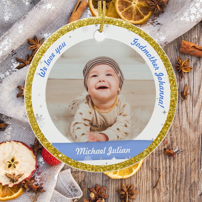 Twins Boys Photos Godmother First Christmas Baby Ceramic Ornament (Modern Elegant Cute First Christmas Twin Baby Boys We love you Godmother 2 Photos Snowflakes Golden)