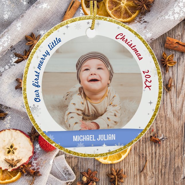 Twins Boys Photos Our First Merry Little Christmas Ceramic Ornament (Modern Elegant Cute Our First Merry Little Christmas Twins Baby Boys 2 Photos Snowflakes Golden )