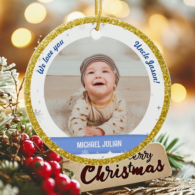 Twins Boys Photos Uncle Cute First Christmas Baby  Ceramic Ornament (Cute Modern Elegant Personalized First Christmas Baby We love You Uncle Twin Boys 2 Photos Golden)