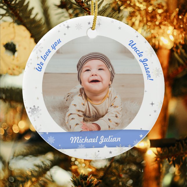 Twins Boys Photos Uncle Cute First Christmas Baby Ceramic Ornament (Elegant Modern Cute First Christmas Baby Twins Boys We love you Uncle 2 Photos Snowflakes Stars)