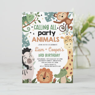 Twins Brown Green Calling Party Animals Birthday Invitation