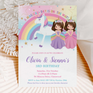 Twins Brunette Princesses and Unicorn Birthday Invitation
