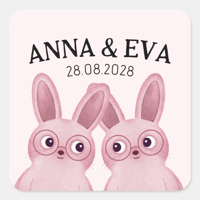 Twins Bunny Birthday Party with Pink Glasses Square Sticker (Front)