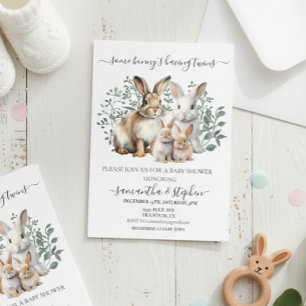 Twins Bunny Watercolor Couples Baby shower Invitation