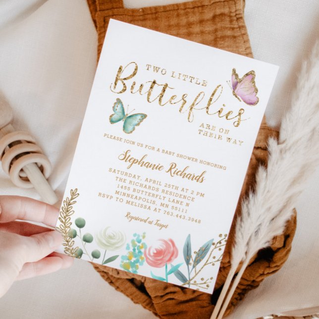 TWINS Butterfly Garden Gold Baby Shower Invitation (Creator Uploaded)