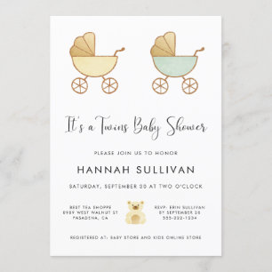 Twins Carriage Yellow Green Gold Watercolor Shower Invitation