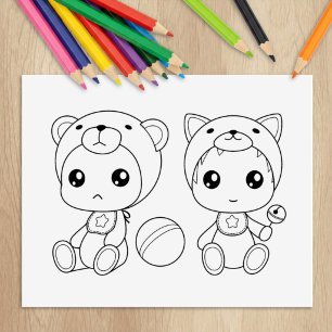 Twins Cat Bear Baby Jumpsuit Colouring Page Rubber Stamp