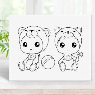Twins Cat Bear Baby Jumpsuit Colouring Page Rubber Stamp