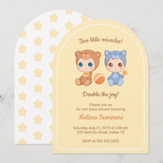 Twins Cat Bear Gender Neutral Baby Shower Yellow Invitation (Front/Back)