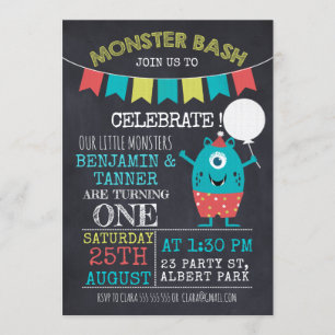 Twins Chalkboard Monster 1st Birthday Invitation