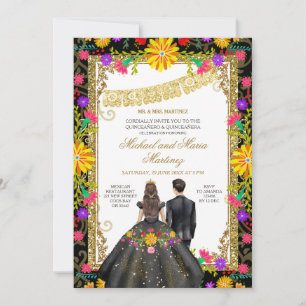 Twins Colourful Flowers Mexican Fiesta Quinceañera Invitation