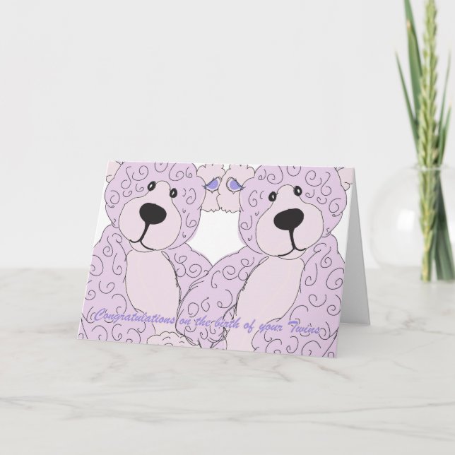 Twins Congratulations Teddy Bear in pink Card (Front)