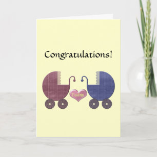 Twins Congratulations, with Blue and Red Pram Art Card