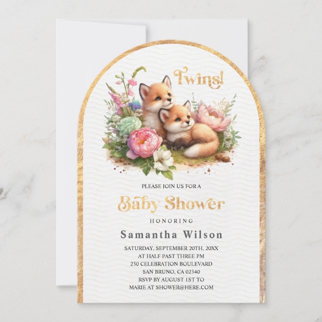 Twins! Cute Baby Foxes Spring Baby Shower Invitation (Front)