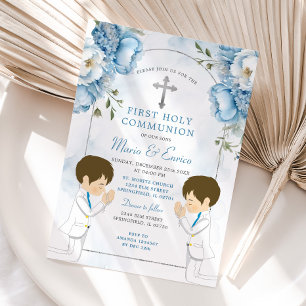 Twins Dusty Blue Flowers Boys First Holy Communion Invitation