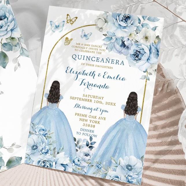 Twins Dusty Blue Mexican Quinceañera Princesses Invitation (Creator Uploaded)