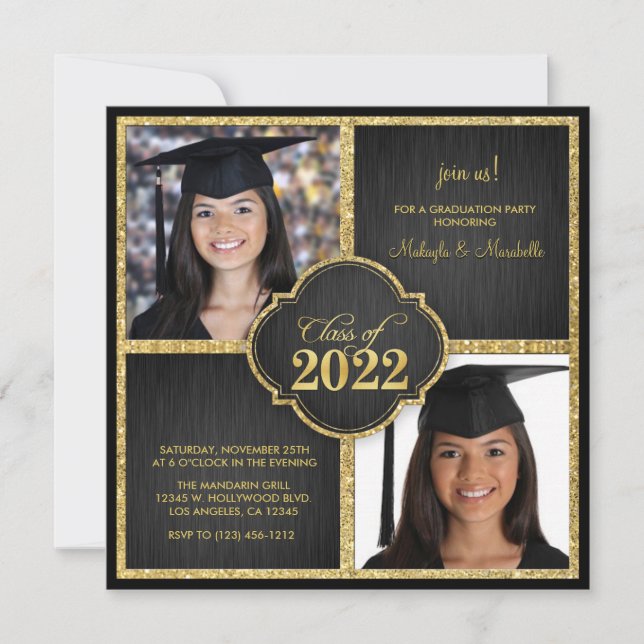 Twins! Elegant Black & Gold Glitter Class of 2022 Invitation (Front)