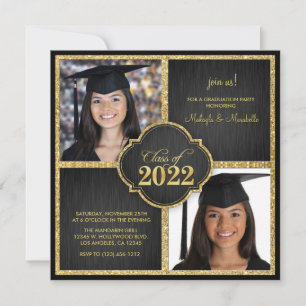 Twins! Elegant Black & Gold Glitter Class of 2022 Invitation