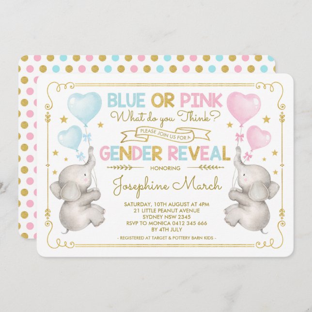 Twins Elephant Gender Reveal Blue Pink Gold Baby Invitation (Front/Back)