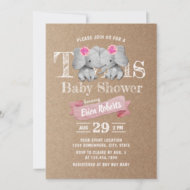 Twins Elephant Rustic Kraft Girl Baby Shower Invitation (Front)