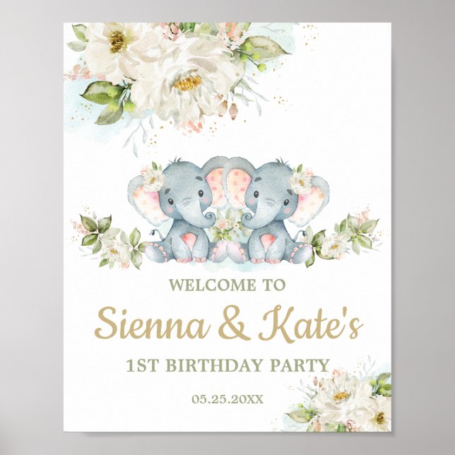 Twins Elephant Twin Girls 1st Birthday Welcome Poster (Front)