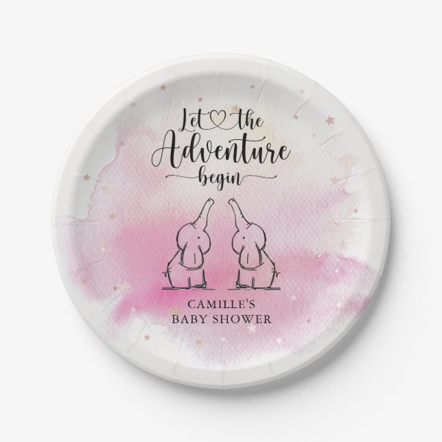 Twins Elephants Baby Shower Paper Plate (Front)