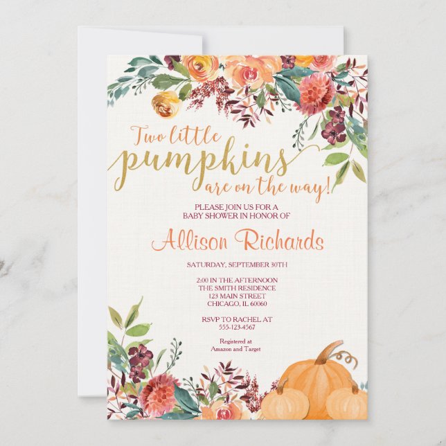 Twins fall baby shower, two little pumpkins invitation (Front)