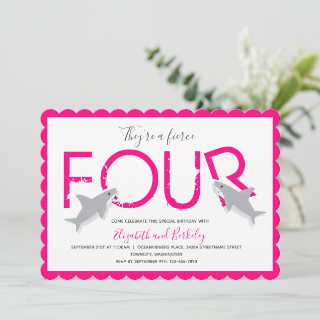 Twins Fierce Four Hot Pink Shark Birthday Invitation (Standing Front)