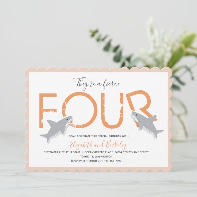 Twins Fierce Four Orange Shark Birthday Invitation (Standing Front)