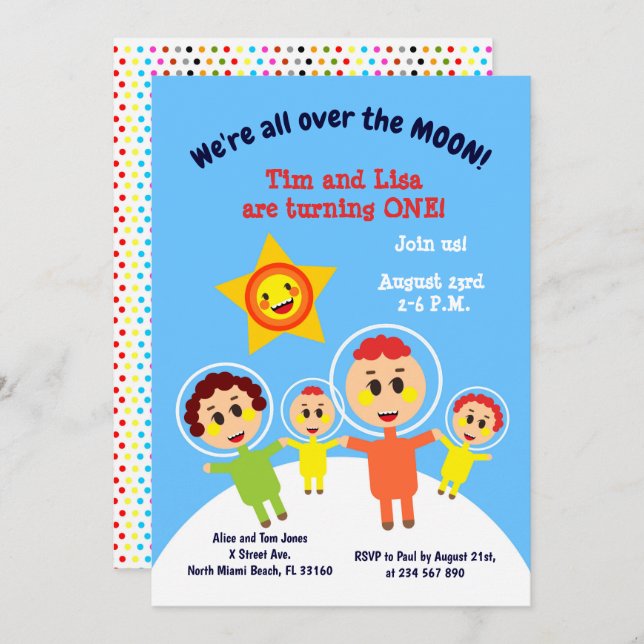 Twins first birthday astronauts party  invitation (Front/Back)