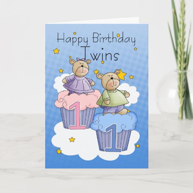 Twins First Birthday Card - Two Little Bears (Front)