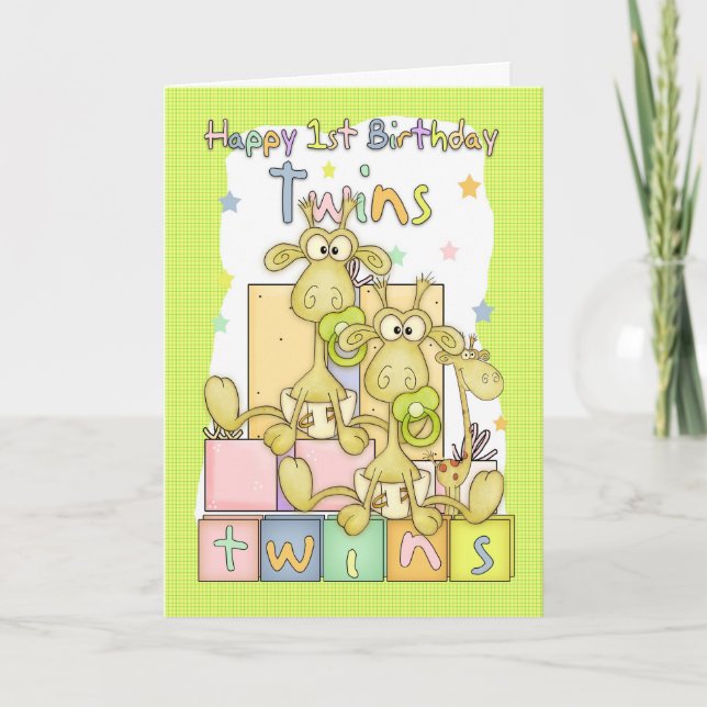 Twins First Birthday Card - Two Little Giraffs (Front)