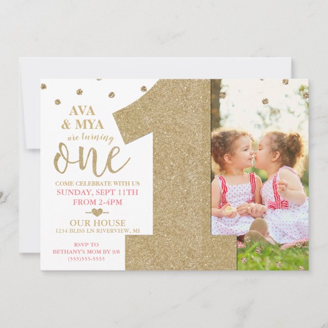 Twins First Birthday Gold & Pink Invitation (Front)