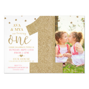 Twins First Birthday Gold & Pink Invitation