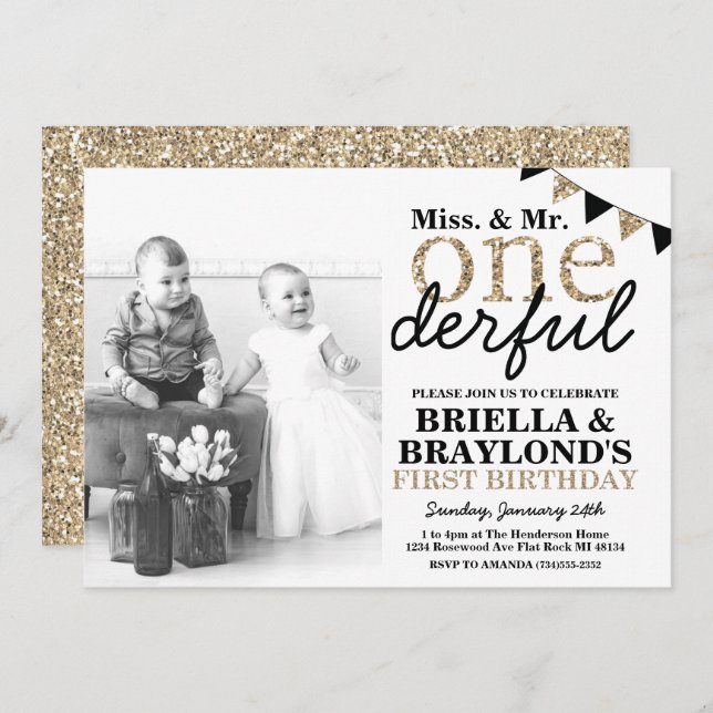 Twins First Birthday Onederful Invitation (Front/Back)