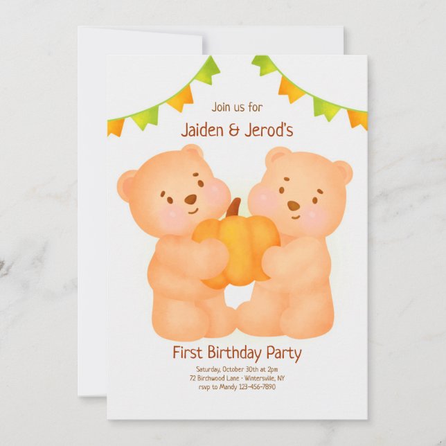Twins First Birthday Party Invitation (Front)
