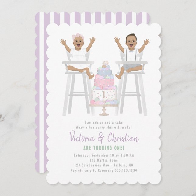 Twins First Birthday Smash Cake Invitation (Front/Back)