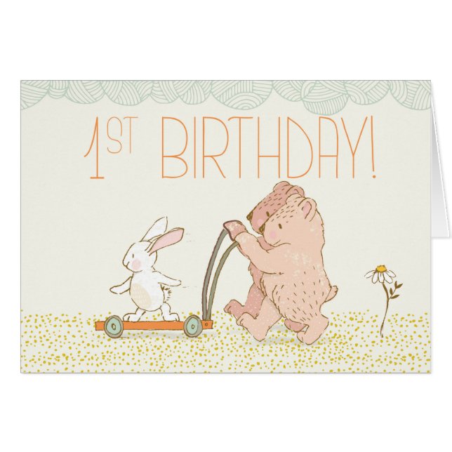 Twins First Birthday Walking Bear and Rabbit (Front Horizontal)