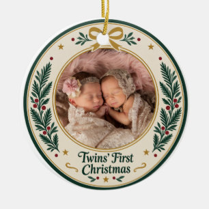 Twins' First Christmas Baby Photo Keepsake Ceramic Ornament