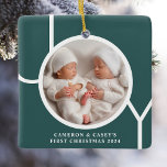 Twin's First Christmas Custom Photo Green  Ceramic Ornament<br><div class="desc">This twin's cute keepsake Christmas photo ornament is decorated with the word JOY in white typography on a green background.
Easily customisable with your photo,  name,  and year</div>