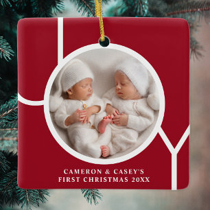 Twin's First Christmas Custom Photo Joy Red Ceramic Ornament